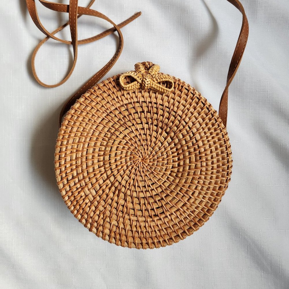 Handwoven Round Rattan Crossbody Shoulder Real Leather Strap